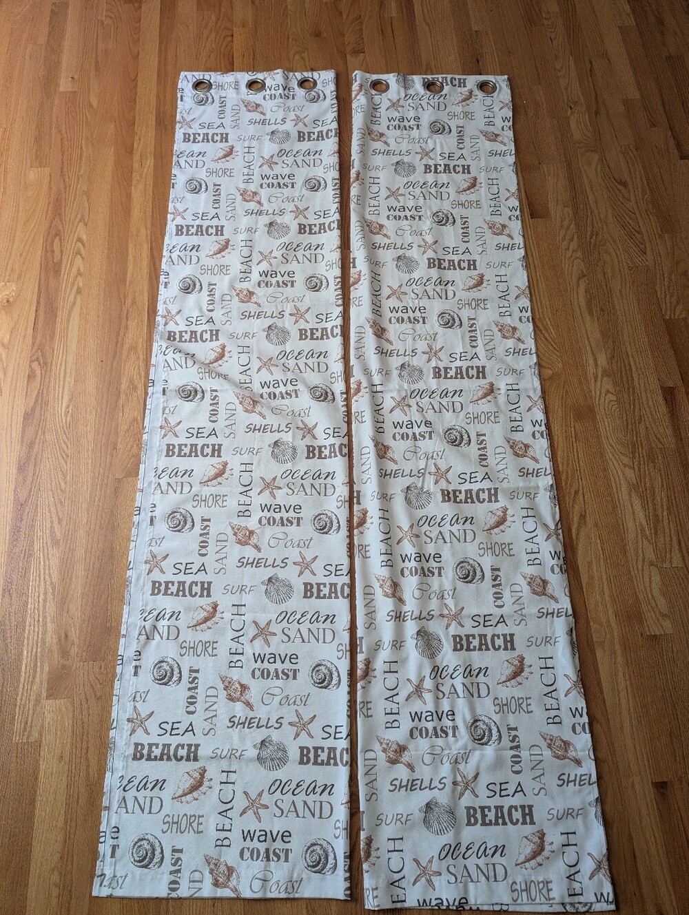 Beach Print Grommet Curtain Panels - White & Tan Coastal Text